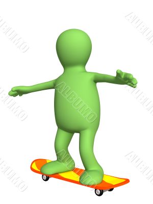 3d puppet, going for a drive on a skateboard