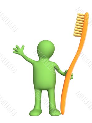 3d person - puppet with an orange tooth-brush