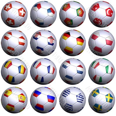 16 soccer-balls with flags of all UEFA 2008 teams
