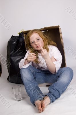 homeless girl showing the middle finger