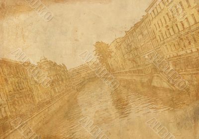 Old sheet paper with image of city street Old sheet paper with image of city street