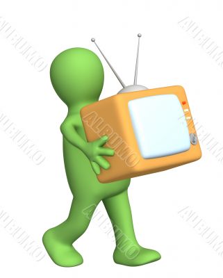 3d puppet, carrying in hands of retro TV