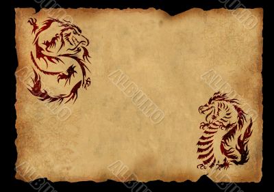 Sheet of ancient parchment with a two dragons Sheet of ancient parchment with a two dragons