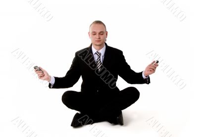 Business yoga with mobile phones