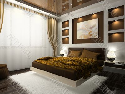 Interior of the comfortable bedroom in brown color