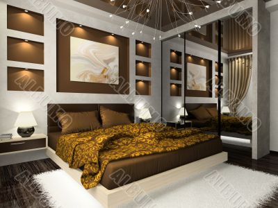 Interior of the comfortable bedroom in brown color