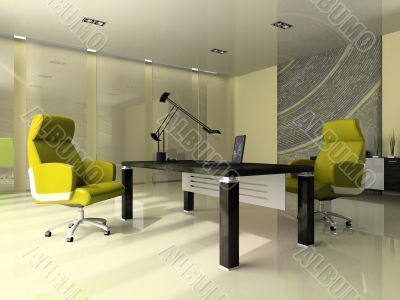 Interior of the modern office with two green armchairs Interior of the modern office with two green armchairs