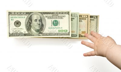 Child`s hand reaching US dollars in ladder, isolated with clippi
