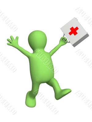 Happy puppet doctor with a portfolio in hand Happy puppet doctor with a portfolio in hand
