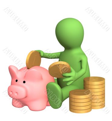 3d puppet who is saving money in piggy bank 3d puppet who is saving money in piggy bank