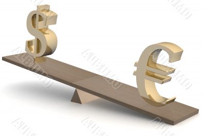 Dollar and euro on scales. 3D image.