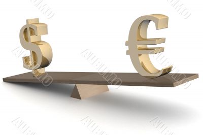 Dollar and euro on scales. 3D image.