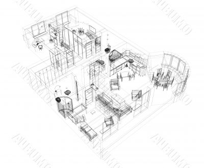 3d sketch of a four-room apartment