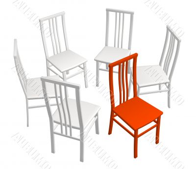 One red chair in a row of white chairs