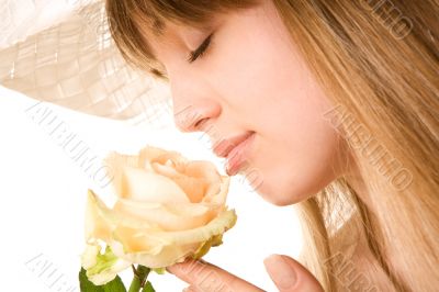 blonde woman with tea rose