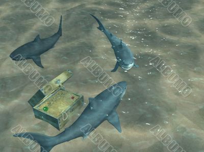 3d sharks floating above a chest with treasures