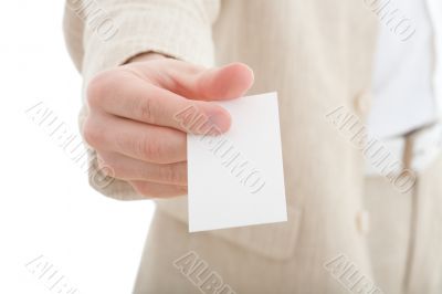 Hand with blank business card Hand with blank business card