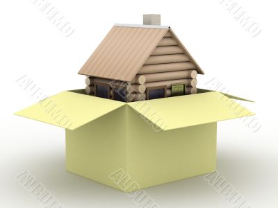 Wooden small house in a box. 3D image.