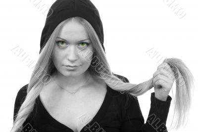 green-eyed woman in hood