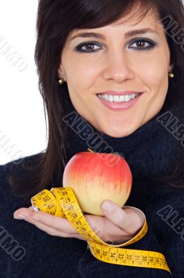 Woman whit apple and measuring tape Woman whit apple and measuring tape