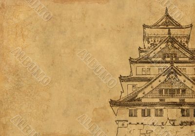 Background with ancient Japanese house