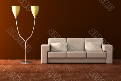 Floor lamp and sofa. Details of an interior.