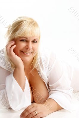 gorgeous blonde mom in white lingerie