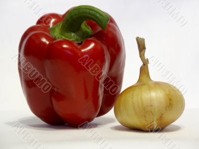 Pepper and onions on a white background.