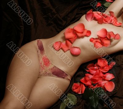 Woman covered with petals of roses