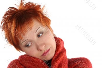 sad red haired woman isolated on white background