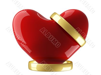 Heart with wedding rings on a white background. 3D image.