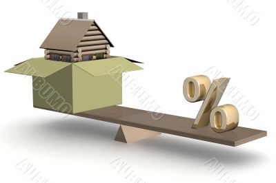 house in box and percent on scales. 3D image.