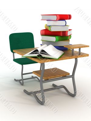 School desk with textbooks. 3D image.