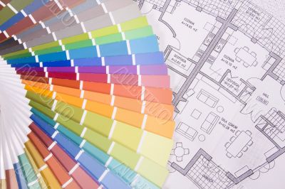 colorful palette over a blueprint