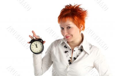 cheerful business woman with clock. Planning and organization concept