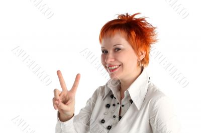 Happy lucky young woman with Victory gesture
