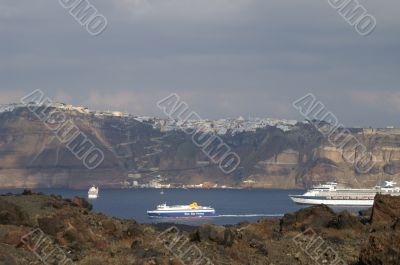 Cruise ship near Santorini island