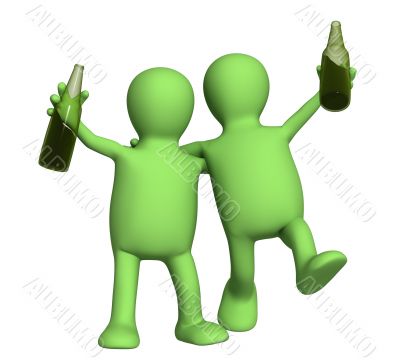Two cheerful friends with bottles of beer