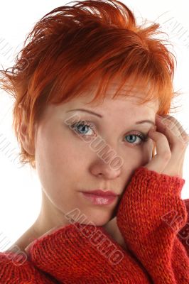 sad red haired woman isolated on white background