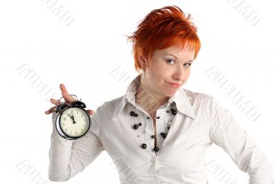 cheerful business woman with clock. Planning and organization concept