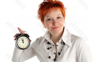 cheerful business woman with clock. Planning and organization concept cheerful business woman with clock. Planning and organization concept