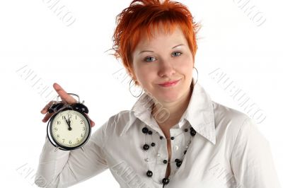 cheerful business woman with clock. Planning and organization concept