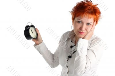 Business woman with clock. Time is over! Deadline concept Business woman with clock. Time is over! Deadline concept