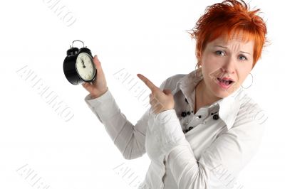 Business woman with clock. Time is over! Deadline concept Business woman with clock. Time is over! Deadline concept