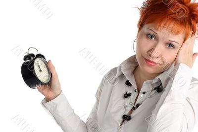 Business woman with clock. Time is over! Deadline concept Business woman with clock. Time is over! Deadline concept