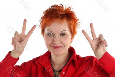 Happy lucky young woman with Victory gesture