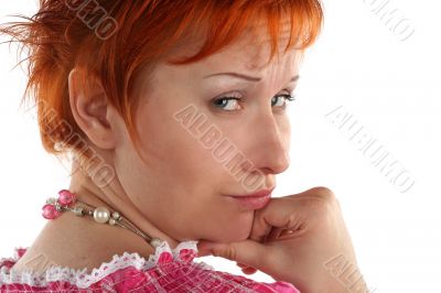 Flirting young red haired woman isolaited on white background