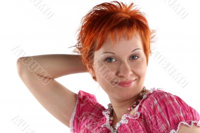 Flirting young red haired woman isolaited on white background