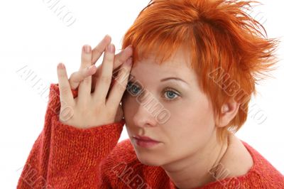 sad red haired woman isolated on white background