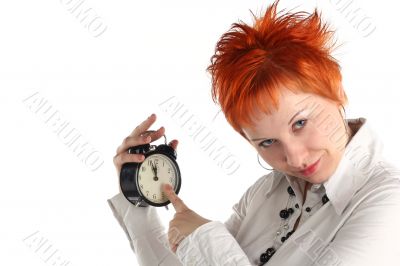 cheerful business woman with clock. Planning and organization concept